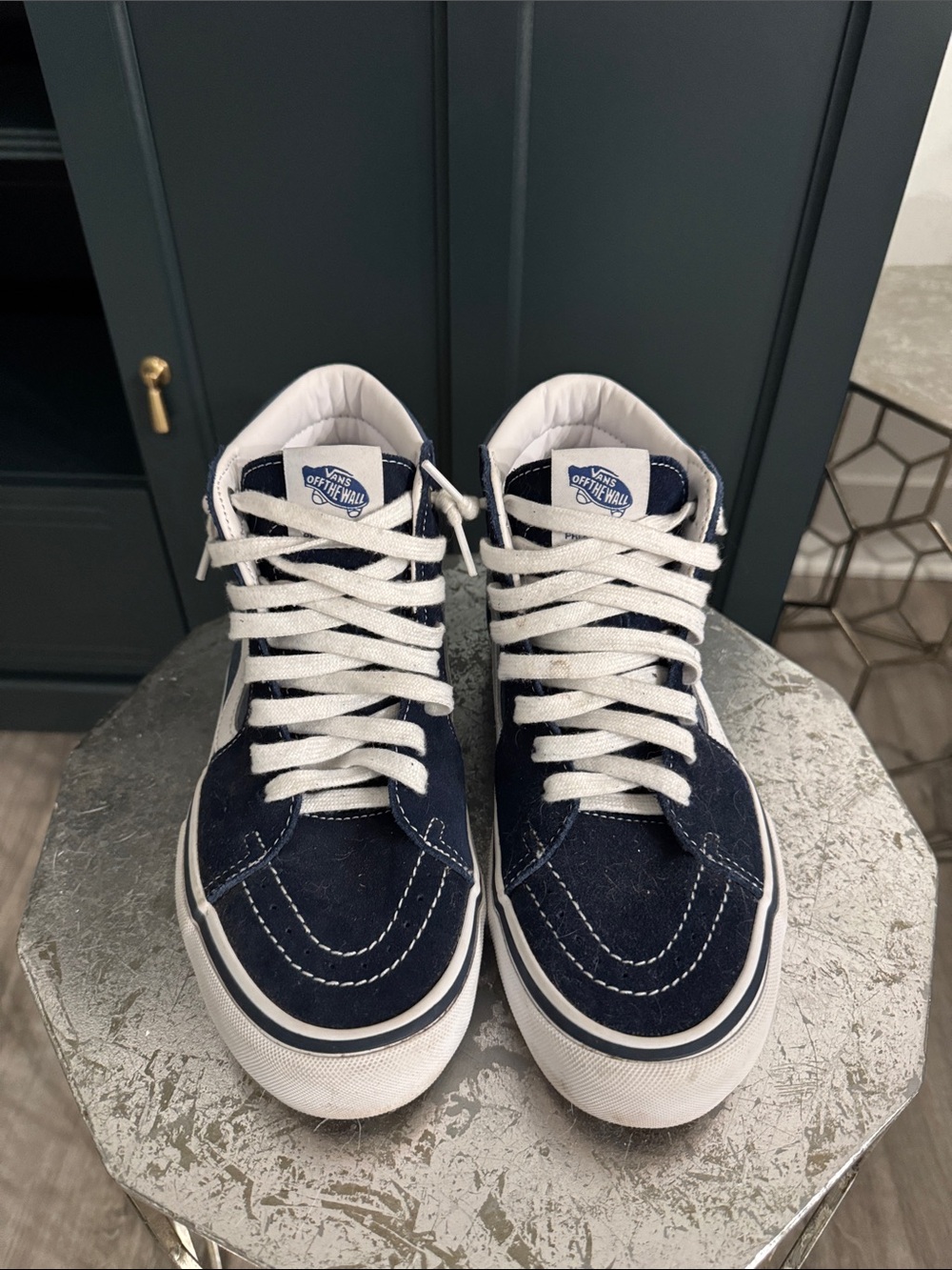 Vans Men’s Navy and White High-Top Sneakers